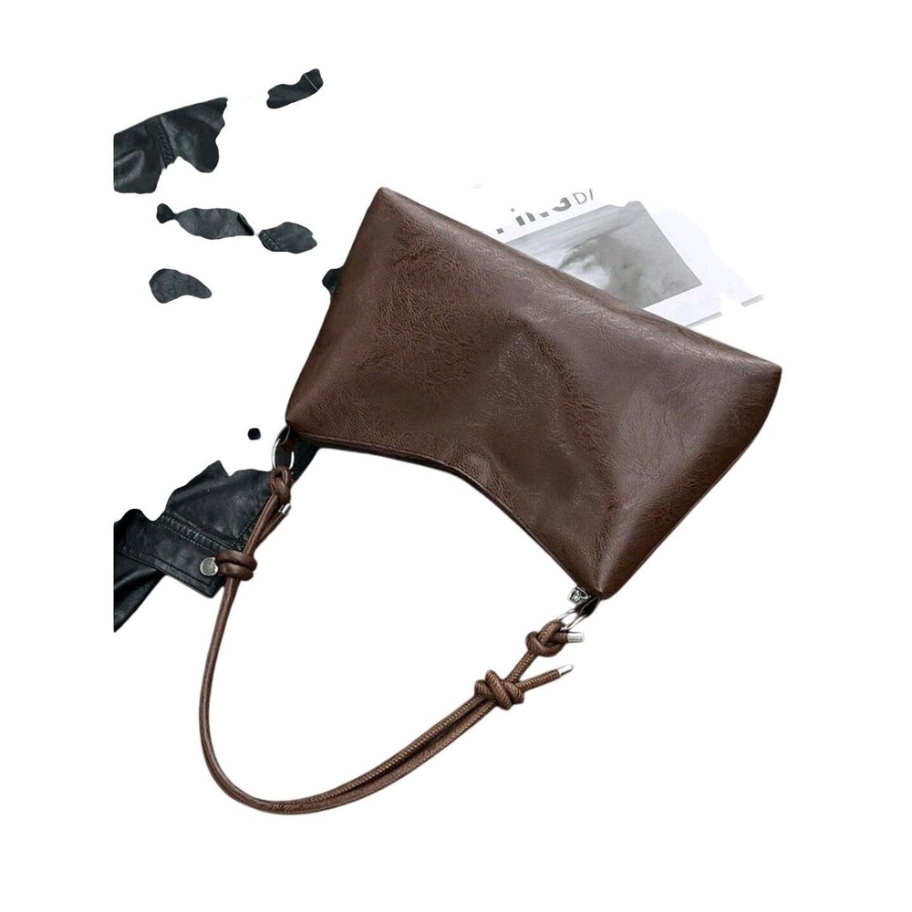 Brown Faux Leather Shoulder Bag Hobo Style Knot Detail Top Zip Closure - Picture 2 of 8